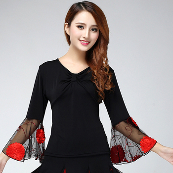 Top za latino ples s zvonastim rukavima i ¾ rukavima, Milk Silk poliestar-elastin smjesa, za žene, latino/moderni/ballroom ples