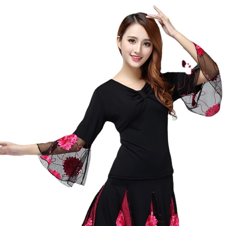 Top za latino ples s zvonastim rukavima i ¾ rukavima, Milk Silk poliestar-elastin smjesa, za žene, latino/moderni/ballroom ples
