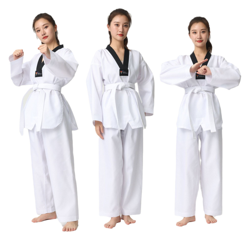 Taekwondo tērps bērniem un pieaugušajiem – elpojošs poliestera šķiedru maisījums, modeļi: svītras, rūtis, vienkrāsains, punkti, piemērots cīņas mākslu treniņiem