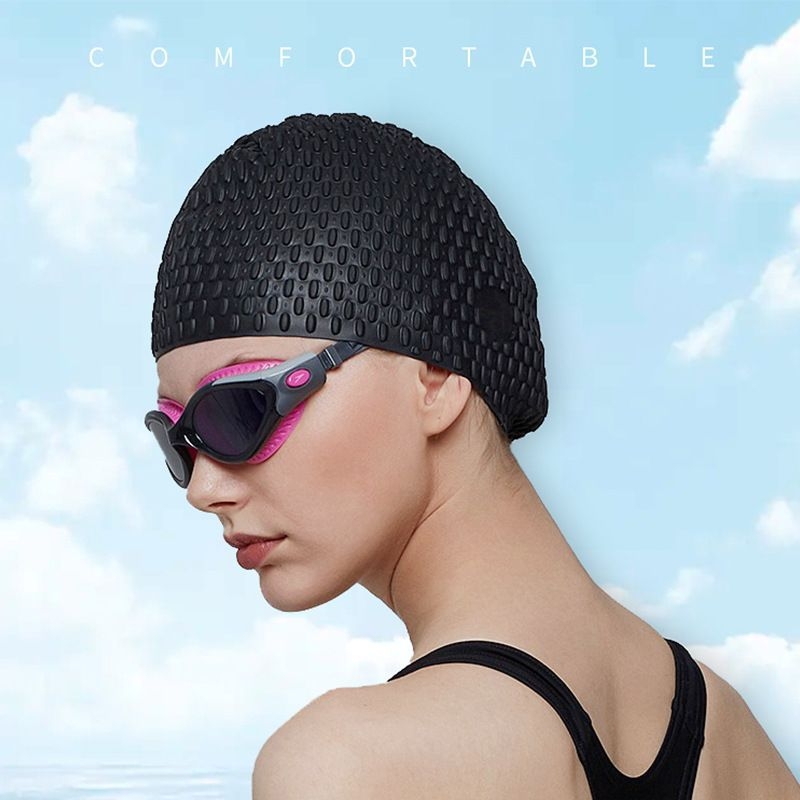 Silicone plaukimo kepurė su vandens lašų ir burbulėlių dizainu, itin elastinga, atspari vandeniui ausų apsauga, suaugusiems, unisex, tinkama ilgiems plaukams