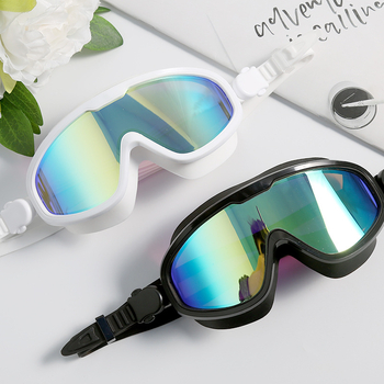 Suaugusiųjų plaukimo akiniai su plačiu matymo lauku ir didelėmis lęšiais, PVC medžiaga, atsparūs vandeniui ir prieš rasojimą