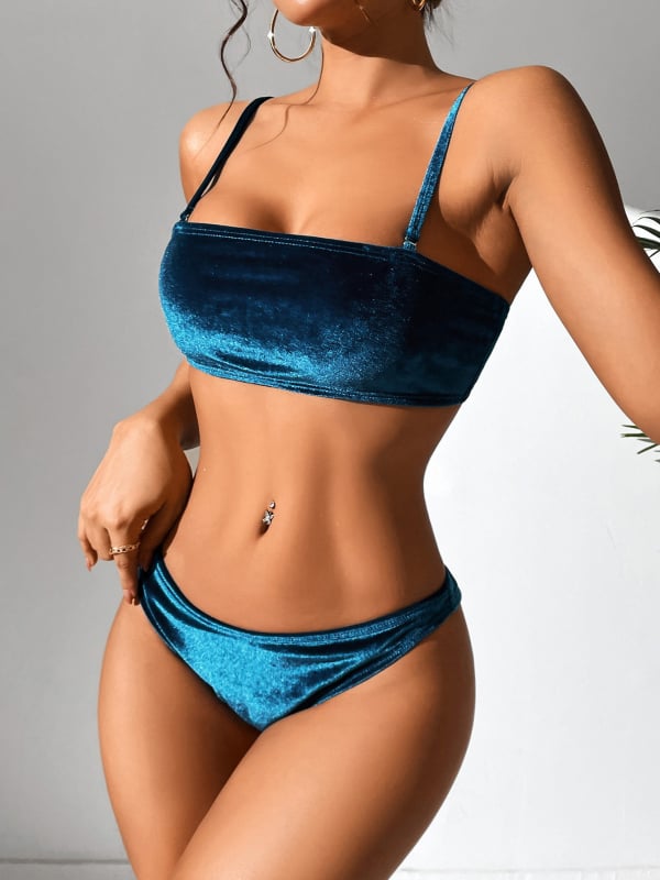 Бикини бански с висока талия, кадифена материя, бързосъхнещ, висока еластичност, подплатен бюст
