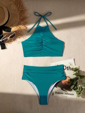 Dvije-dijelni halterne bikini za žene, s umetkom za grudi, Nylon/Spandex 80/20, visokim strukom, podstava od poliestera