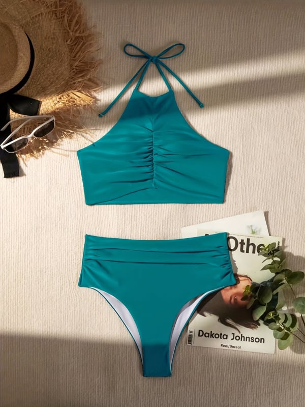 Dvije-dijelni halterne bikini za žene, s umetkom za grudi, Nylon/Spandex 80/20, visokim strukom, podstava od poliestera