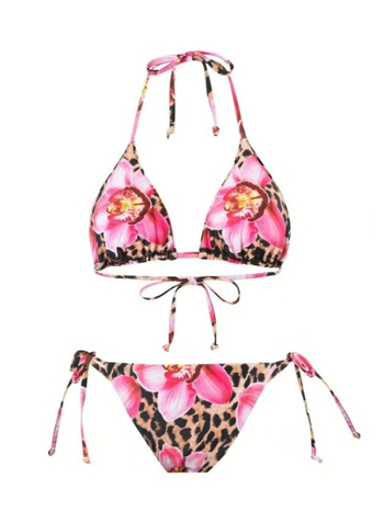 Trojedalni bikini s otiskom cvijeća, seksi kroj, s jastučićima u košaricama, bez žice, poliester 180 g/m², 82% poliester, podstava 18%