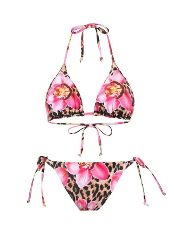Trojedalni bikini s otiskom cvijeća, seksi kroj, s jastučićima u košaricama, bez žice, poliester 180 g/m², 82% poliester, podstava 18%