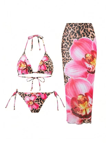 Trojedalni bikini s otiskom cvijeća, seksi kroj, s jastučićima u košaricama, bez žice, poliester 180 g/m², 82% poliester, podstava 18%