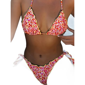Shark Ženski bikini set – Mali cvjetni uzorak, trokutaste čašice s čipkom, podstavljeno poprsje, bez naramenica, poliesterski kupaći