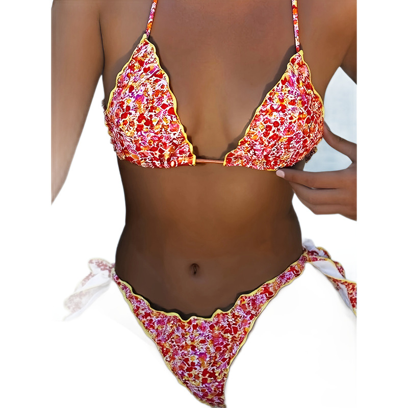 Shark Ženski bikini set – Mali cvjetni uzorak, trokutaste čašice s čipkom, podstavljeno poprsje, bez naramenica, poliesterski kupaći