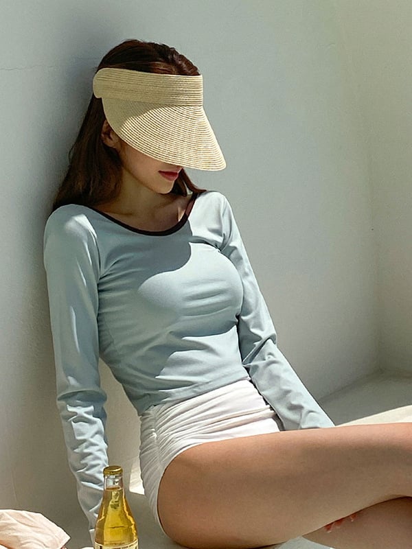 Dvodijelni kupaći kostim s dugim rukavima, visokim strukom, uključen jastučić za dojke, poliester tkanina s 82% spandex podstavom