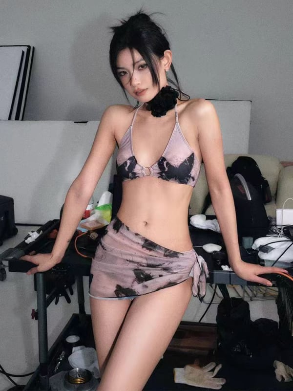 Trodijelni bikini set s dizajnom postapokaliptičnog leptira Maillard, jastučići za grudi, brzo sušeći materijal