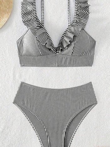 Ženski split bikini s naglašenim strukom, brzo se suši, poliester 82% s podlogom 18%, s umetcima za grudi, bez metalne potpore, bez naramenica
