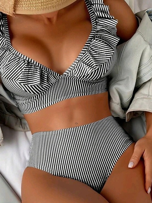 Ženski split bikini s naglašenim strukom, brzo se suši, poliester 82% s podlogom 18%, s umetcima za grudi, bez metalne potpore, bez naramenica