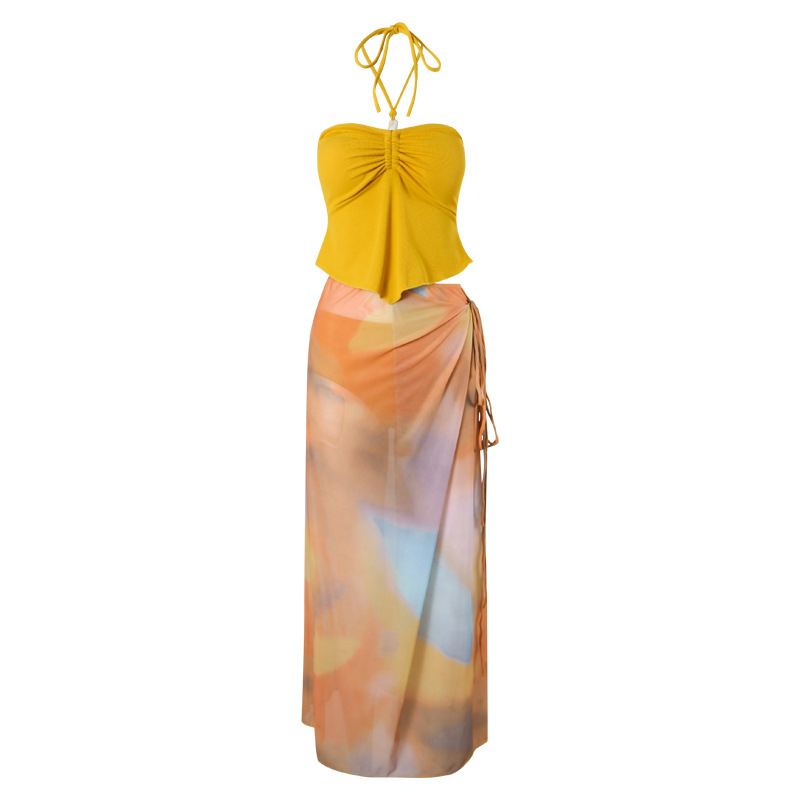 Ženski bikini trodijelni set s split dizajnom, visokim strukom i otvorenim leđima, duga suknja, jastučići za prsa (Materijal: najlon + elastan; Podstava: poliester; Težina: 200 g; Bez rukava)
