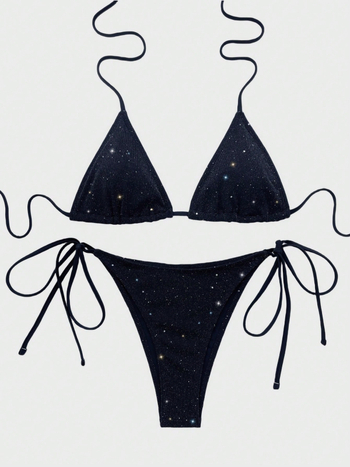 Ženski bikini s trokutastim gornjihem na vezanje, šljokičasti materijal, vanjska tkanina od poliestera, podstava od spandexa 80%, 122 g/m², za plivanje