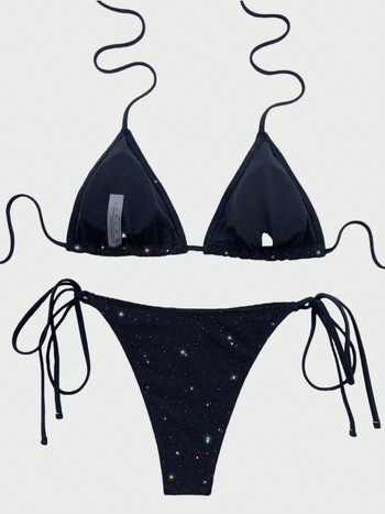 Ženski bikini s trokutastim gornjihem na vezanje, šljokičasti materijal, vanjska tkanina od poliestera, podstava od spandexa 80%, 122 g/m², za plivanje