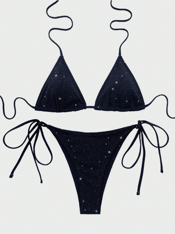 Ženski bikini s trokutastim gornjihem na vezanje, šljokičasti materijal, vanjska tkanina od poliestera, podstava od spandexa 80%, 122 g/m², za plivanje