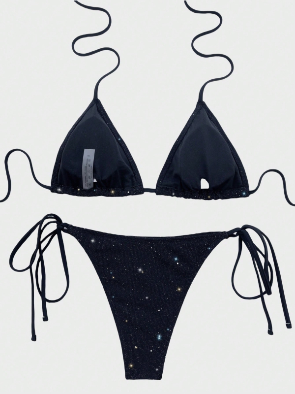 Ženski bikini s trokutastim gornjihem na vezanje, šljokičasti materijal, vanjska tkanina od poliestera, podstava od spandexa 80%, 122 g/m², za plivanje