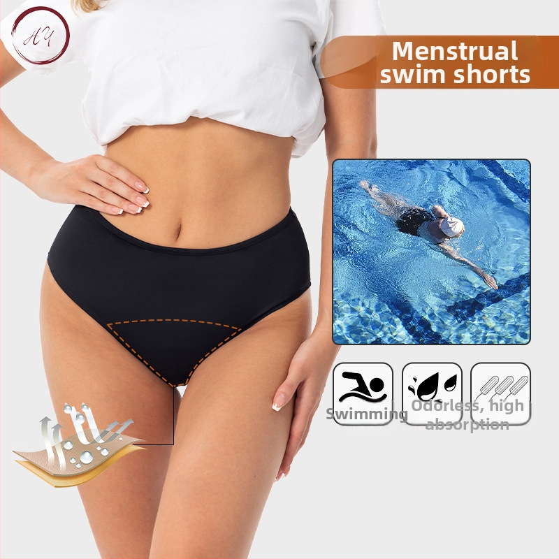 Menstrualne plivaće hlače s trostrukom zaštitom od propuštanja, srednje visokim strukom, najlon 88%, podstava prepona 100% poliester; fiziološke hlače za mlade žene