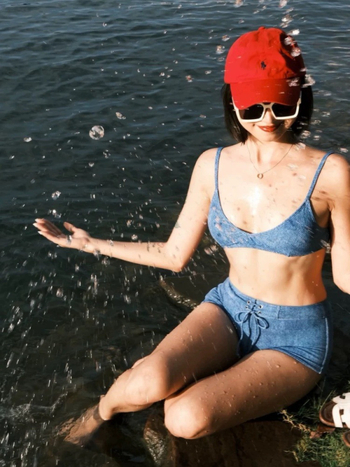 Ženski dvodijelni bikini u denim plavoj boji, push-up za male grudi, dvodijelni kupaći kostim s briefs krojem