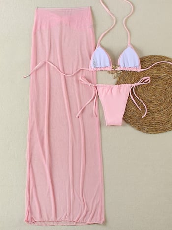 Ženski bikini set od tri komponente sa suknjom - elastični najlonski kupaći, umetci za prsa, 82% najlona, 230 g