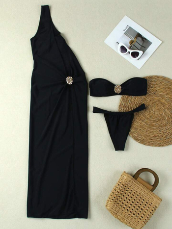 Τριμελές σετ μπικίνι με μακριά φούστα και τοπ χωρίς τιράντες, εκτύπωση, υψηλή ελαστικότητα, επένδυση από σπαντέξ, πολυεστέρας, γυναικείο μαγιό παραλίας