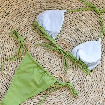 Ženski bikini kupaći kostim, dvodijelni, vezice, otvorena leđa, seksi stil; poliester tkanina s 82% najlona, umetci za poprsje, poliester podstava