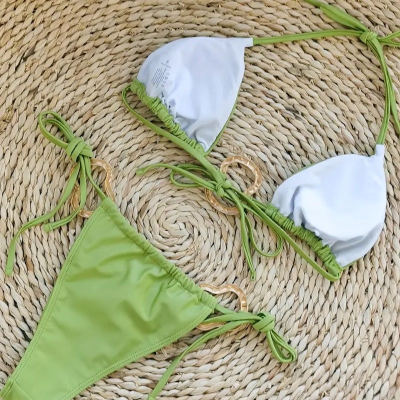 Ženski bikini kupaći kostim, dvodijelni, vezice, otvorena leđa, seksi stil; poliester tkanina s 82% najlona, umetci za poprsje, poliester podstava