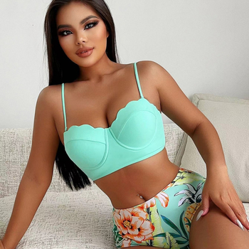 Costum de baie două piese, imprimeu floral, talie înaltă, cu tijă metalică și pernă pentru bust