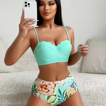 Costum de baie două piese, imprimeu floral, talie înaltă, cu tijă metalică și pernă pentru bust