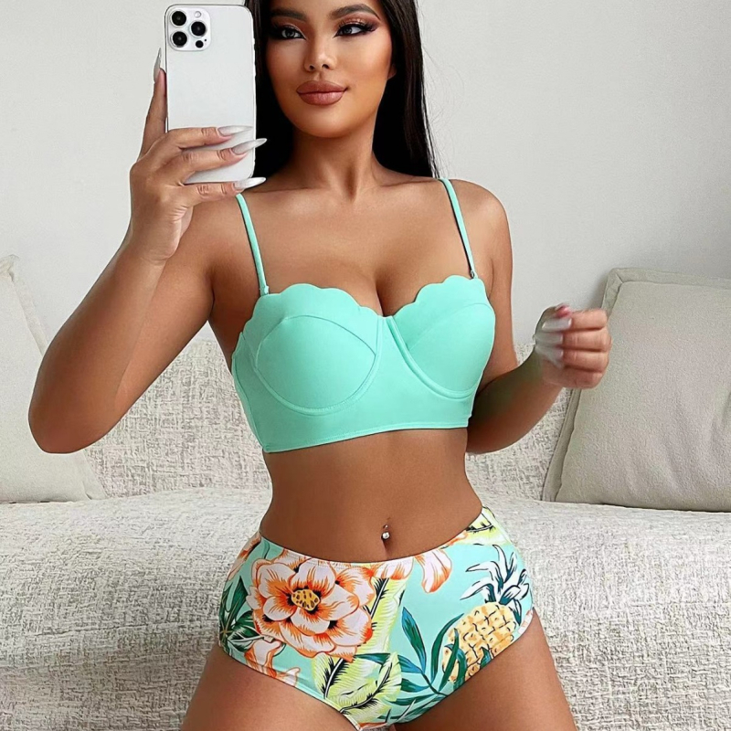 Costum de baie două piese, imprimeu floral, talie înaltă, cu tijă metalică și pernă pentru bust