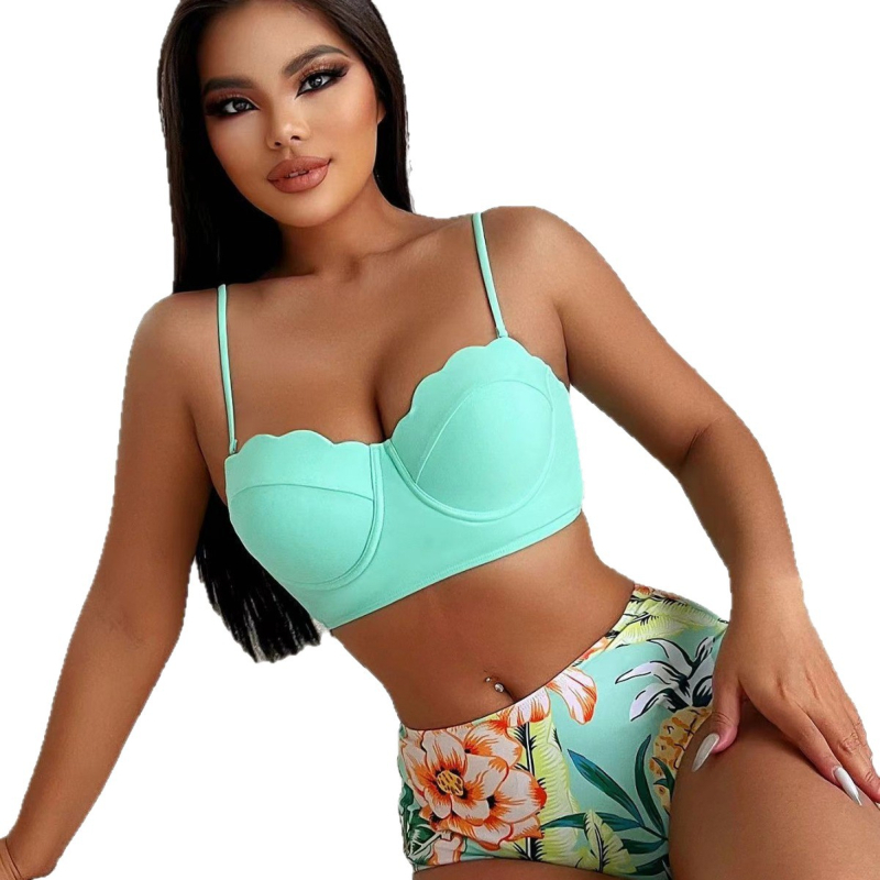 Costum de baie două piese, imprimeu floral, talie înaltă, cu tijă metalică și pernă pentru bust
