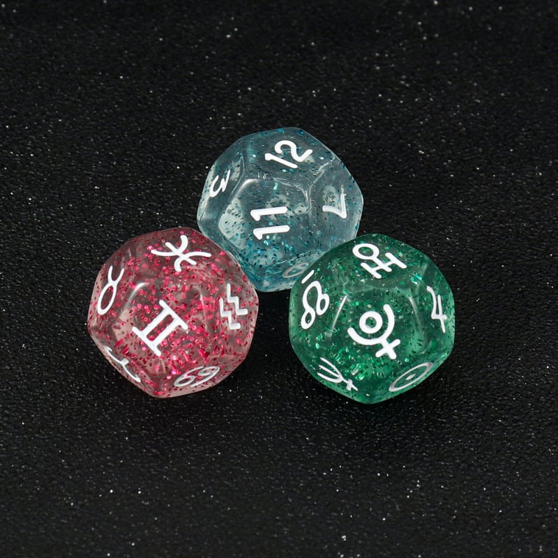 12‑strane konstelacijske kocke, akrilne, rekviziti za stolne igre, set od 3 komada