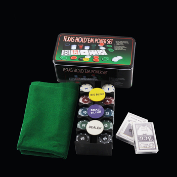 Texas Hold'em set žetona, 200 žetona, stolnjak, gumb dilera, metalna kutija