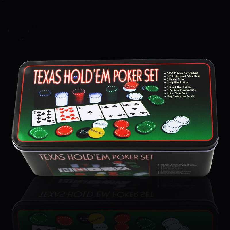 Texas Hold'em set žetona, 200 žetona, stolnjak, gumb dilera, metalna kutija