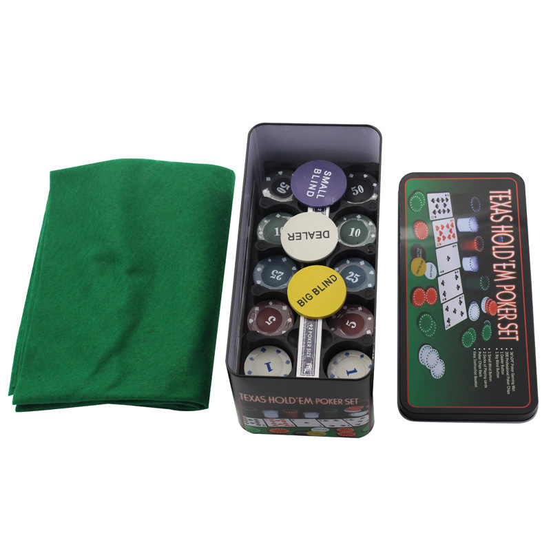 Texas Hold'em set žetona, 200 žetona, stolnjak, gumb dilera, metalna kutija