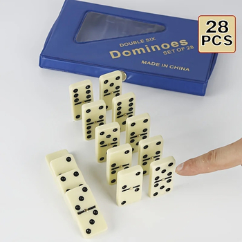 Domino s dvostrukim šesticama u PVC kutiji, pločice slonovačasto žute, četiri boje