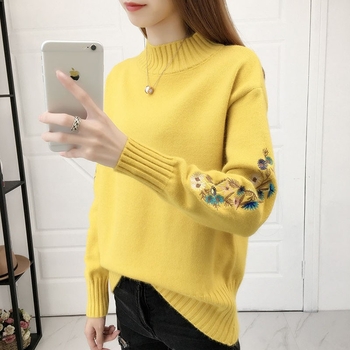 Φθινόπωρο/Χειμώνας Νέο Δημοφιλές Γυναικείο Πουλόβερ με Ψηλό Γιακά, Μονόχρωμο, Κορεάτικο Στυλ, Κοντό Κεντημένο Μανίκι, Μοντέρνο Πλεκτό Βασικό Στρώμα