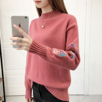 Φθινόπωρο/Χειμώνας Νέο Δημοφιλές Γυναικείο Πουλόβερ με Ψηλό Γιακά, Μονόχρωμο, Κορεάτικο Στυλ, Κοντό Κεντημένο Μανίκι, Μοντέρνο Πλεκτό Βασικό Στρώμα