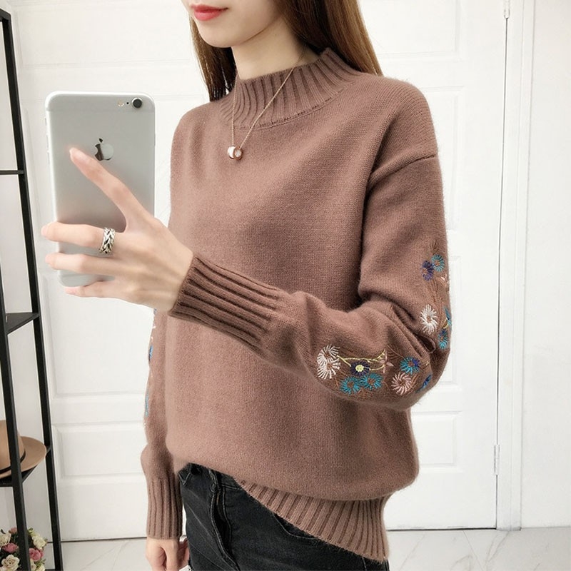 Φθινόπωρο/Χειμώνας Νέο Δημοφιλές Γυναικείο Πουλόβερ με Ψηλό Γιακά, Μονόχρωμο, Κορεάτικο Στυλ, Κοντό Κεντημένο Μανίκι, Μοντέρνο Πλεκτό Βασικό Στρώμα