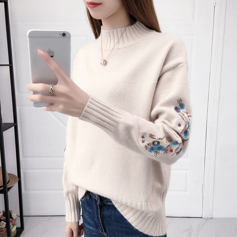 Φθινόπωρο/Χειμώνας Νέο Δημοφιλές Γυναικείο Πουλόβερ με Ψηλό Γιακά, Μονόχρωμο, Κορεάτικο Στυλ, Κοντό Κεντημένο Μανίκι, Μοντέρνο Πλεκτό Βασικό Στρώμα