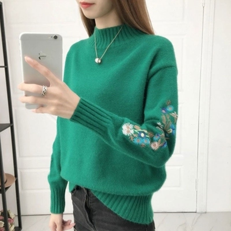 Φθινόπωρο/Χειμώνας Νέο Δημοφιλές Γυναικείο Πουλόβερ με Ψηλό Γιακά, Μονόχρωμο, Κορεάτικο Στυλ, Κοντό Κεντημένο Μανίκι, Μοντέρνο Πλεκτό Βασικό Στρώμα