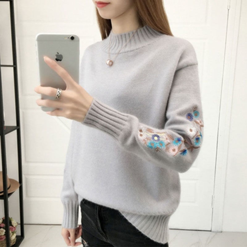 Φθινόπωρο/Χειμώνας Νέο Δημοφιλές Γυναικείο Πουλόβερ με Ψηλό Γιακά, Μονόχρωμο, Κορεάτικο Στυλ, Κοντό Κεντημένο Μανίκι, Μοντέρνο Πλεκτό Βασικό Στρώμα