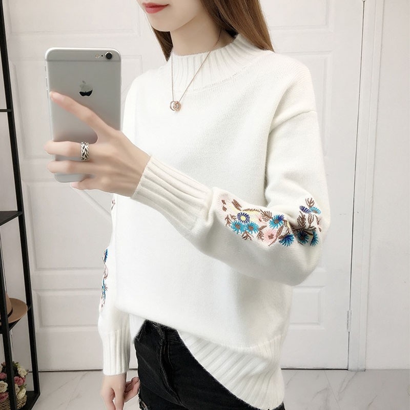 Φθινόπωρο/Χειμώνας Νέο Δημοφιλές Γυναικείο Πουλόβερ με Ψηλό Γιακά, Μονόχρωμο, Κορεάτικο Στυλ, Κοντό Κεντημένο Μανίκι, Μοντέρνο Πλεκτό Βασικό Στρώμα