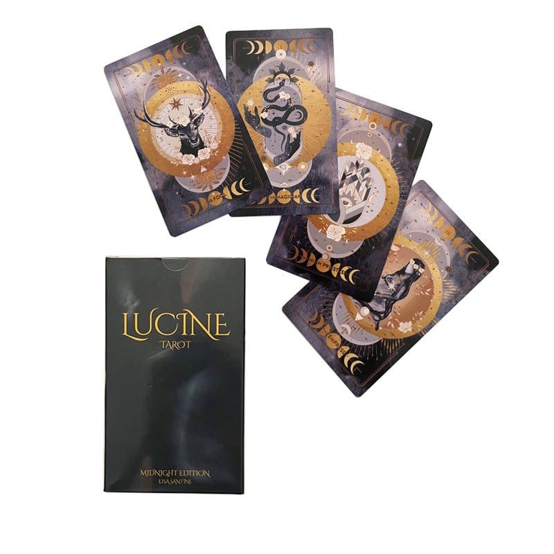 Lucine Tarot Midnight Moon Таро карти • Материал: 350 g покрита хартия • Категория: карти за настолна игра • Подходяща възраст: 15–35 години