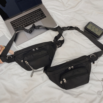 Vyrų krūtinės krepšys su juosta - gatvės stilius, nailonas, užtrauktukas, horizontalaus kvadrato forma, raidžių raštas