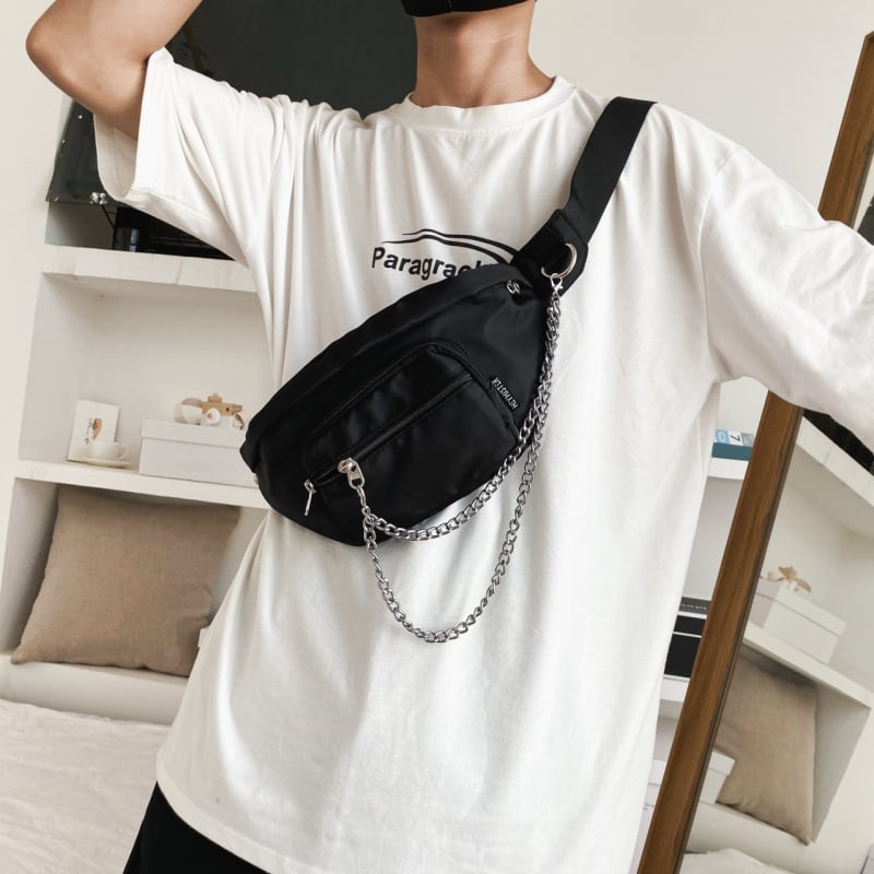 Vyrų krūtinės krepšys su juosta - gatvės stilius, nailonas, užtrauktukas, horizontalaus kvadrato forma, raidžių raštas