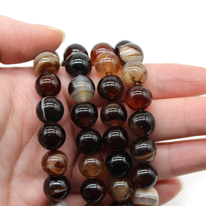 8 mm prugaste agatne perle s prepletenim svilenim nitima u boji kave, DIY dijelovi za nakit, okrugle, poluproizvodi