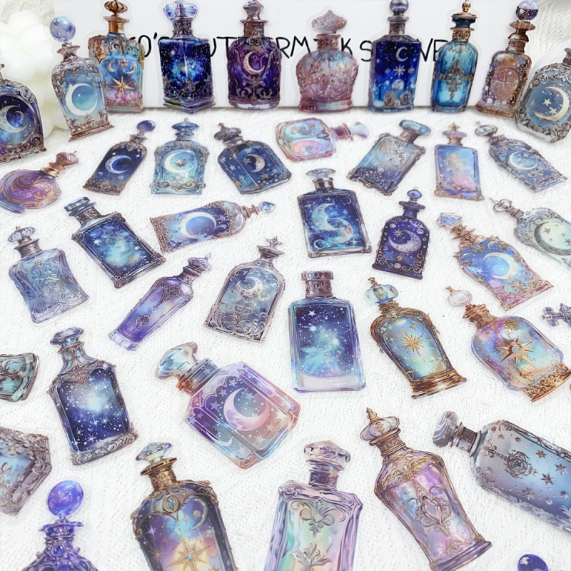 Комплект стикери: Moon Wizard Magic Bottle, PET материал, 50 бр., печатни DIY декоративни стикери за лаптоп, велосипед и телефон