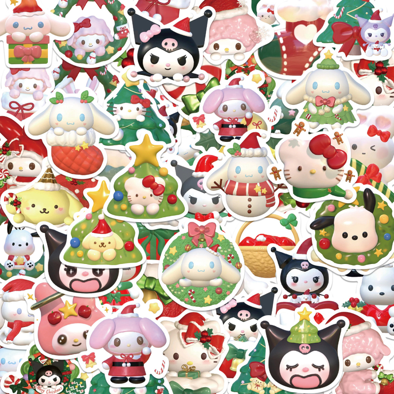 50 броя PVC стикери Санрио - коледни карикатури, принтирани, за калъфи за телефони, лаптопи, бутилки за вода, планери и велосипеди